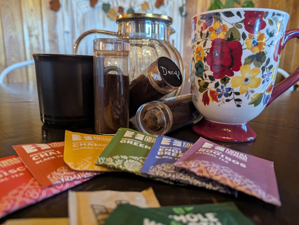 colorful assortment of tea with mugs