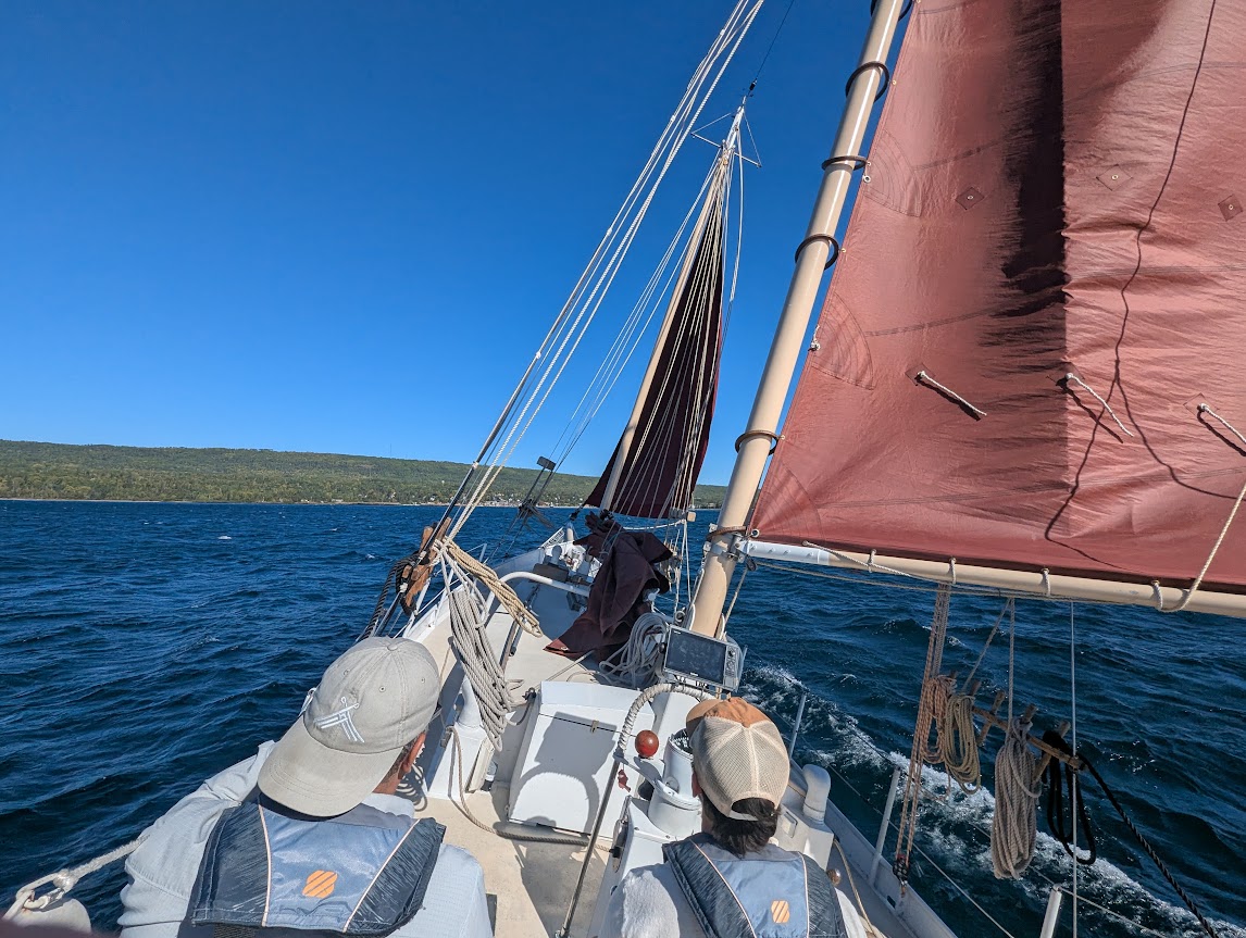 on board sail boat looking towards town